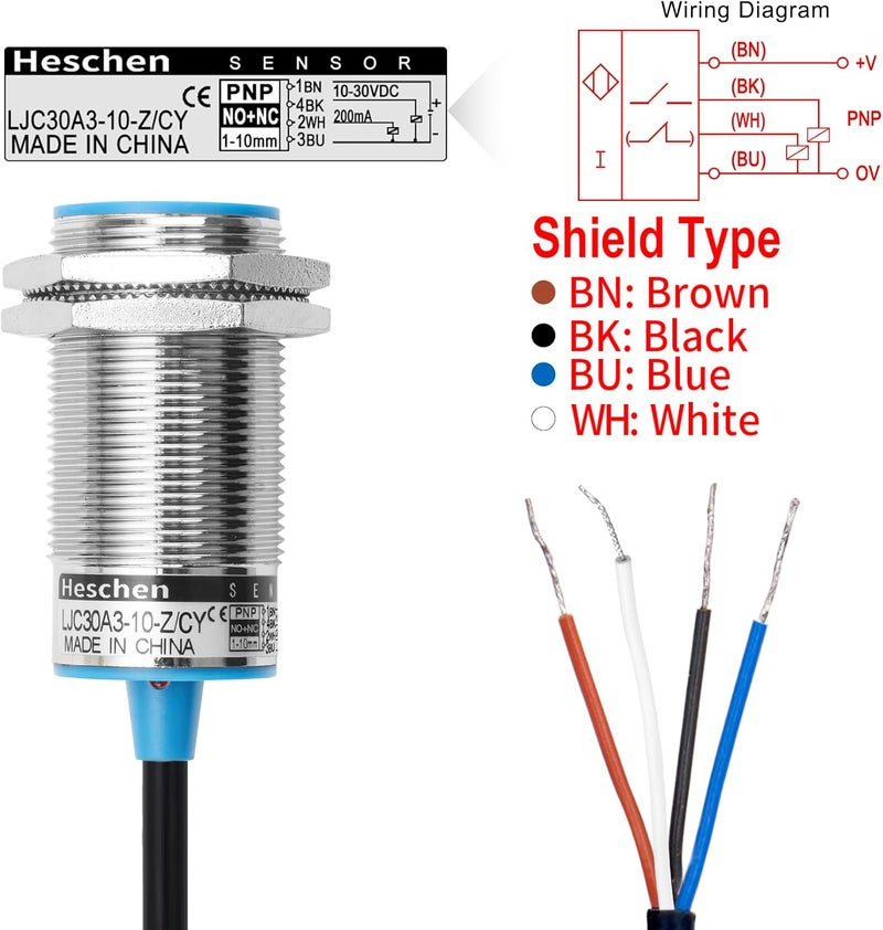 Heschen M30 Capacitive Proximity Sensor Switch, Shield Type, LJC30A3-10-Z/CY, Detection 1-10mm, 10-30VDC 200mA, PNP NO+NC, 4 Wire - Image 3